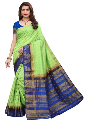 Tree Elephant Green Blue Tussar Silk Weaving Kanjivaram Sarees With Blouse