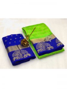 Tree Elephant Green Blue Tussar Silk Weaving Kanjivaram Sarees With Blouse