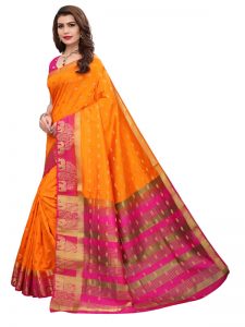 Tree Elephant Orange Pink Tussar Silk Weaving Kanjivaram Sarees With Blouse