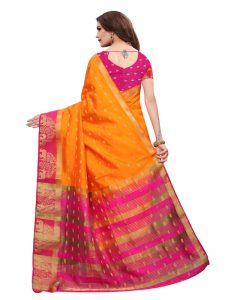 Tree Elephant Orange Pink Tussar Silk Weaving Kanjivaram Sarees With Blouse