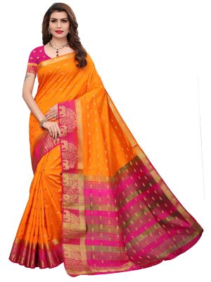 Tree Elephant Orange Pink Tussar Silk Weaving Kanjivaram Sarees With Blouse