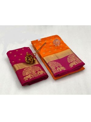 Tree Elephant Orange Pink Tussar Silk Weaving Kanjivaram Sarees With Blouse