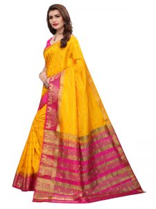 Tree Elephant Yellow Pink Tussar Silk Weaving Kanjivaram Sarees With Blouse