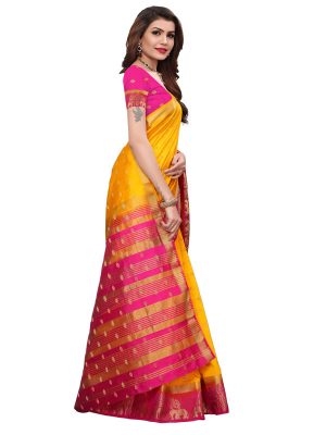 Tree Elephant Yellow Pink Tussar Silk Weaving Kanjivaram Sarees With Blouse