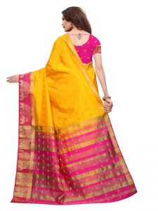 Tree Elephant Yellow Pink Tussar Silk Weaving Kanjivaram Sarees With Blouse