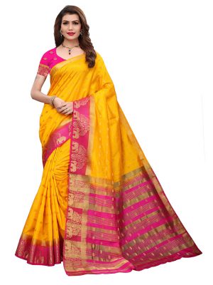 Tree Elephant Yellow Pink Tussar Silk Weaving Kanjivaram Sarees With Blouse