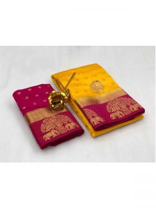 Tree Elephant Yellow Pink Tussar Silk Weaving Kanjivaram Sarees With Blouse