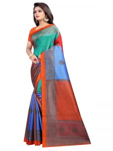 4 Square Orange Printed Mysore Art Silk Kanjivaram Sarees With Blouse
