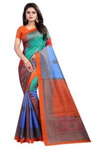 4 Square Orange Printed Mysore Art Silk Kanjivaram Sarees With Blouse