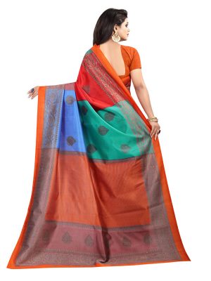 4 Square Orange Printed Mysore Art Silk Kanjivaram Sarees With Blouse