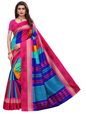 Avni Pink Printed Mysore Art Silk Kanjivaram Sarees With Blouse