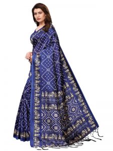 Bandhej Navy Printed Mysore Art Silk Kanjivaram Sarees With Blouse