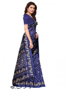 Bandhej Navy Printed Mysore Art Silk Kanjivaram Sarees With Blouse