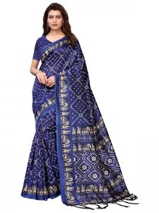 Bandhej Navy Printed Mysore Art Silk Kanjivaram Sarees With Blouse