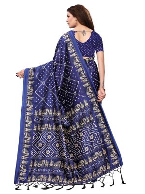 Bandhej Navy Printed Mysore Art Silk Kanjivaram Sarees With Blouse