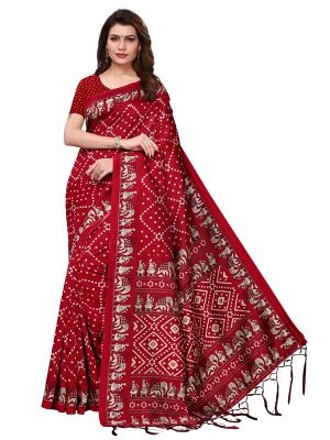 Bandhej Red Printed Mysore Art Silk Kanjivaram Sarees With Blouse