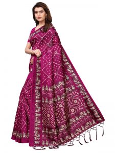 Bandhej Wine Printed Mysore Art Silk Kanjivaram Sarees With Blouse