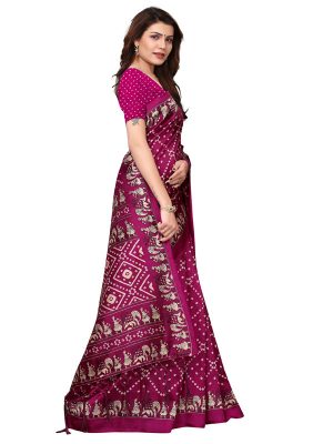 Bandhej Wine Printed Mysore Art Silk Kanjivaram Sarees With Blouse