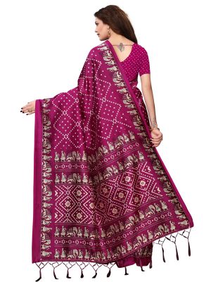 Bandhej Wine Printed Mysore Art Silk Kanjivaram Sarees With Blouse