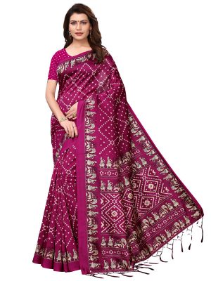 Bandhej Wine Printed Mysore Art Silk Kanjivaram Sarees With Blouse