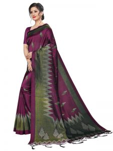 Bingo Wine Printed Mysore Art Silk Kanjivaram Sarees With Blouse