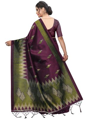 Bingo Wine Printed Mysore Art Silk Kanjivaram Sarees With Blouse