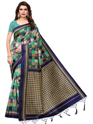 Elephanta Green Printed Mysore Art Silk Kanjivaram Sarees With Blouse