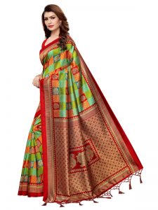 Gualabo Red Green Printed Mysore Art Silk Kanjivaram Sarees With Blouse