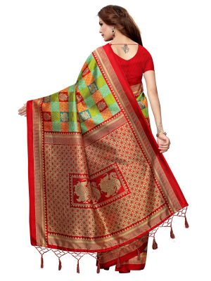 Gualabo Red Green Printed Mysore Art Silk Kanjivaram Sarees With Blouse