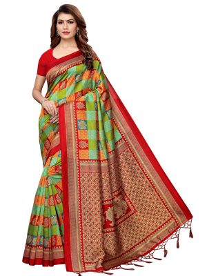 Gualabo Red Green Printed Mysore Art Silk Kanjivaram Sarees With Blouse