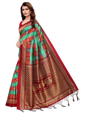 Gulabo Maroon Rama Printed Mysore Art Silk Kanjivaram Sarees With Blouse