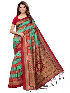 Gulabo Maroon Rama Printed Mysore Art Silk Kanjivaram Sarees With Blouse