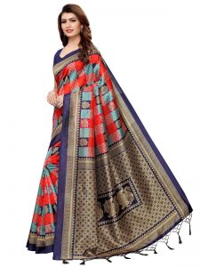 Gulabo Navy Red Printed Mysore Art Silk Kanjivaram Sarees With Blouse