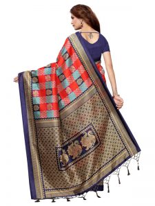 Gulabo Navy Red Printed Mysore Art Silk Kanjivaram Sarees With Blouse