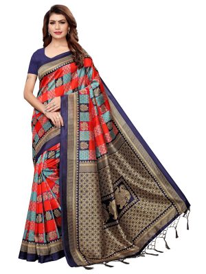 Gulabo Navy Red Printed Mysore Art Silk Kanjivaram Sarees With Blouse