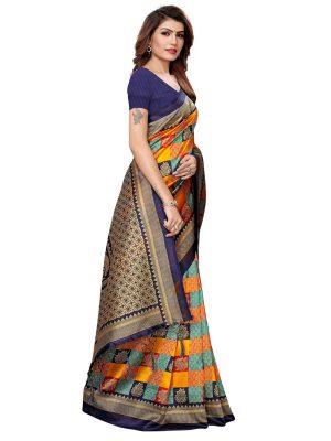 Gulabo Navy Yellow Printed Mysore Art Silk Kanjivaram Sarees With Blouse