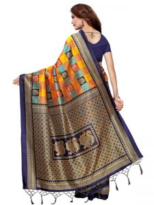 Gulabo Navy Yellow Printed Mysore Art Silk Kanjivaram Sarees With Blouse