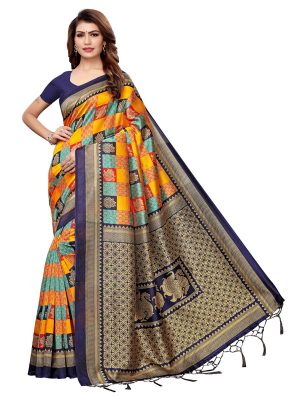 Gulabo Navy Yellow Printed Mysore Art Silk Kanjivaram Sarees With Blouse