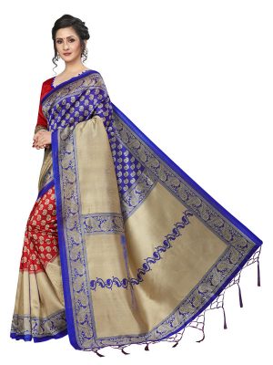 Hiphop Blue Red Printed Mysore Art Silk Kanjivaram Sarees With Blouse