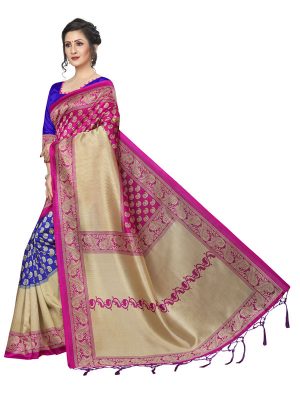 Hiphop Pink Blue Printed Mysore Art Silk Kanjivaram Sarees With Blouse