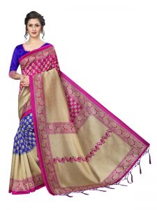 Hiphop Pink Blue Printed Mysore Art Silk Kanjivaram Sarees With Blouse