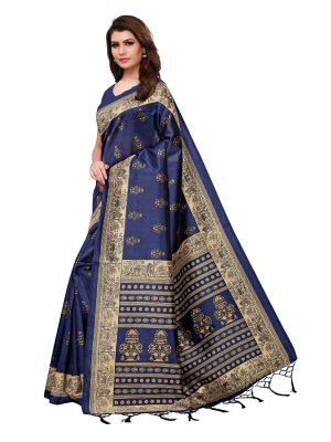 Jhumki Navy Printed Mysore Art Silk Kanjivaram Sarees With Blouse