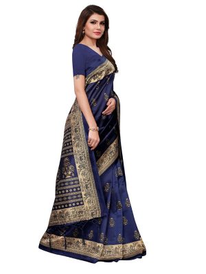 Jhumki Navy Printed Mysore Art Silk Kanjivaram Sarees With Blouse