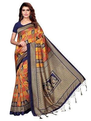 Mor Gulab Blue Printed Mysore Art Silk Kanjivaram Sarees With Blouse