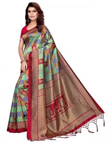 Mor Gulab Maroon Printed Mysore Art Silk Kanjivaram Sarees With Blouse