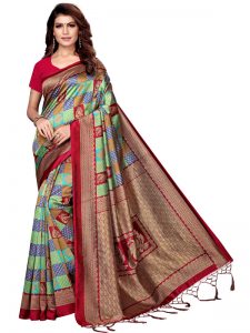 Mor Gulab Maroon Printed Mysore Art Silk Kanjivaram Sarees With Blouse