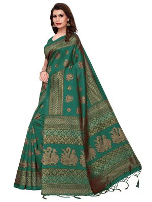 Rajhans Green Printed Mysore Art Silk Kanjivaram Sarees With Blouse