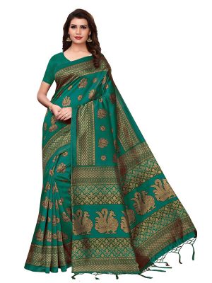 Rajhans Green Printed Mysore Art Silk Kanjivaram Sarees With Blouse