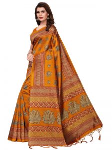 Rajhans Mustard Printed Mysore Art Silk Kanjivaram Sarees With Blouse