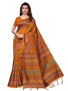 Rajhans Mustard Printed Mysore Art Silk Kanjivaram Sarees With Blouse